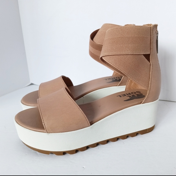 🤎 Sorel Tan Wedge Sandals Ballet Ankle Leather White Womens 5.5 Platform - Picture 1 of 13